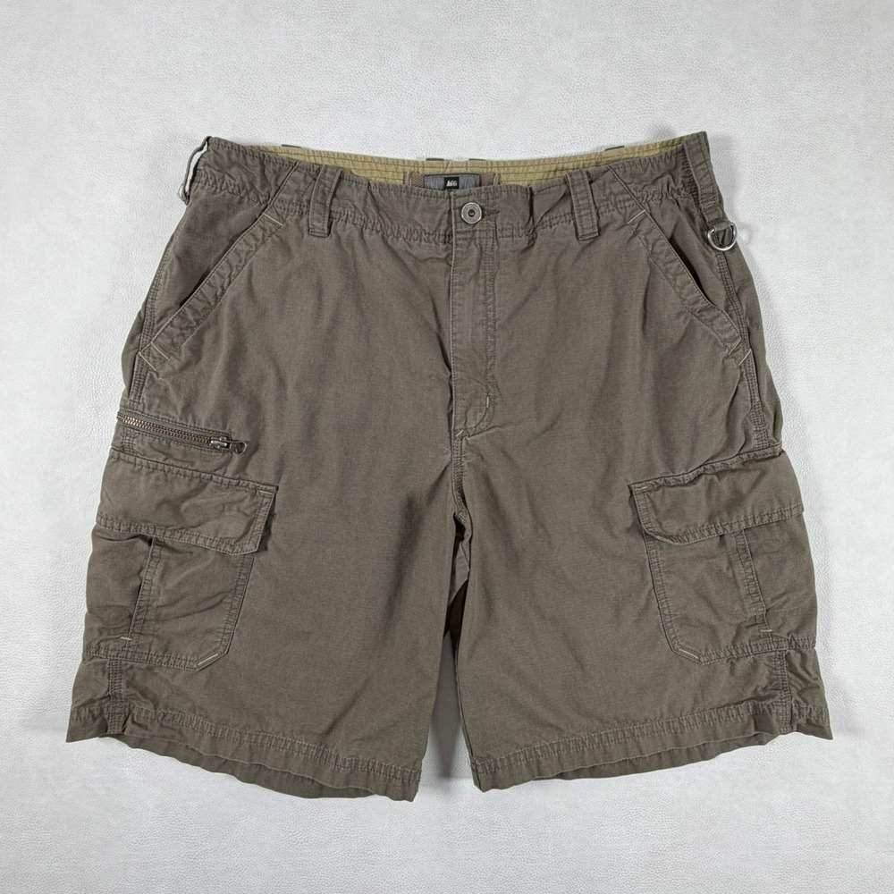 REI Mens 34 Organic Cotton Ripstop Cargo Shorts Olive Brown Hiking Utility
